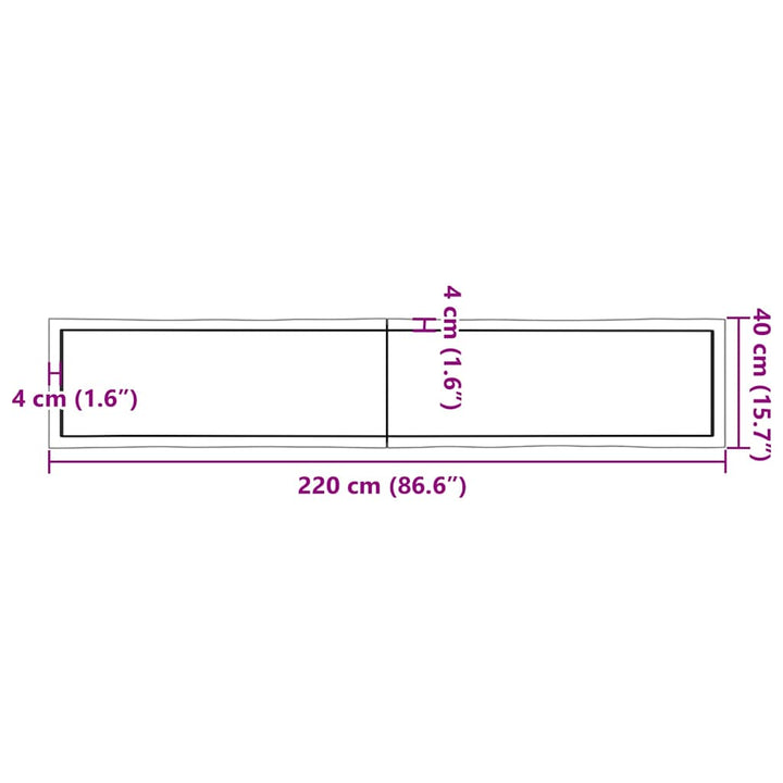 bordplade 220x40x(2-6) cm naturlig kant behandlet træ mørkebrun