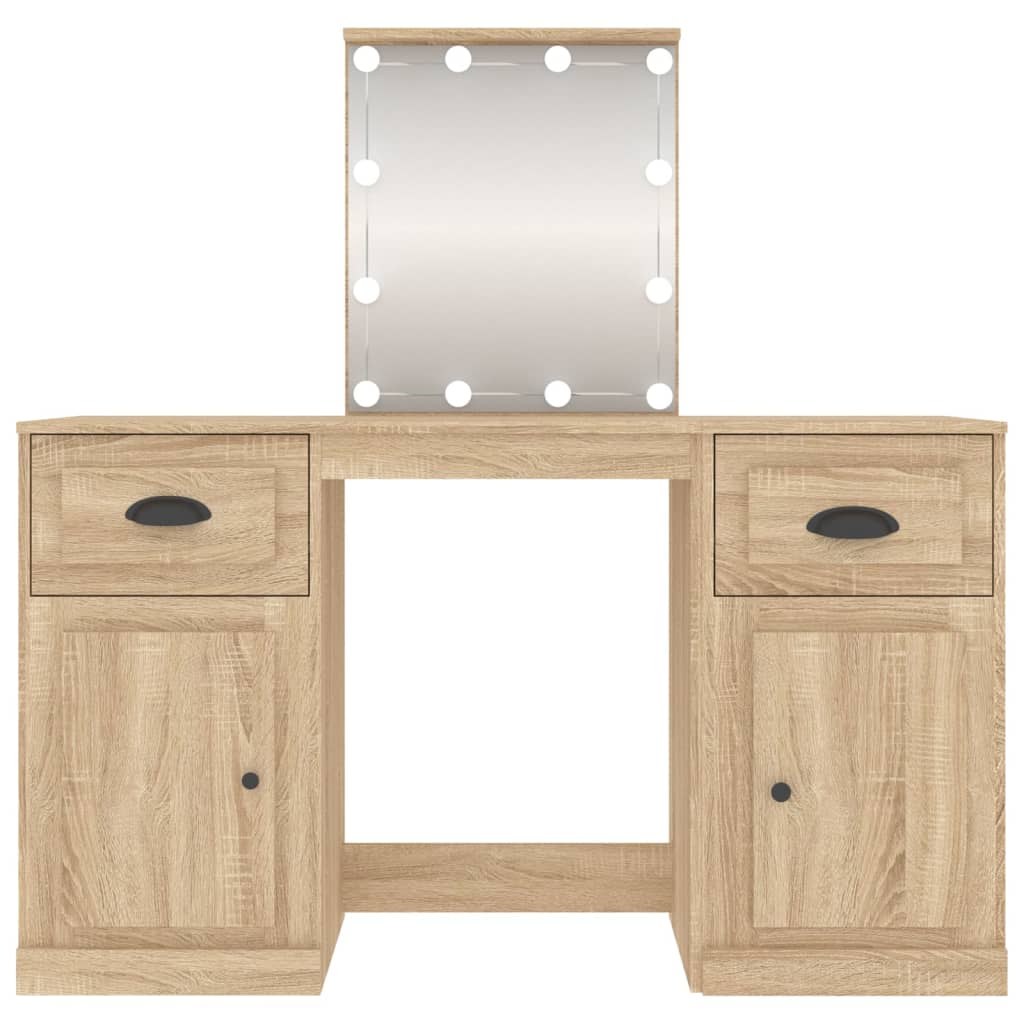 makeupbord med LED-lys 130x50x132,5 cm brun sonoma-eg