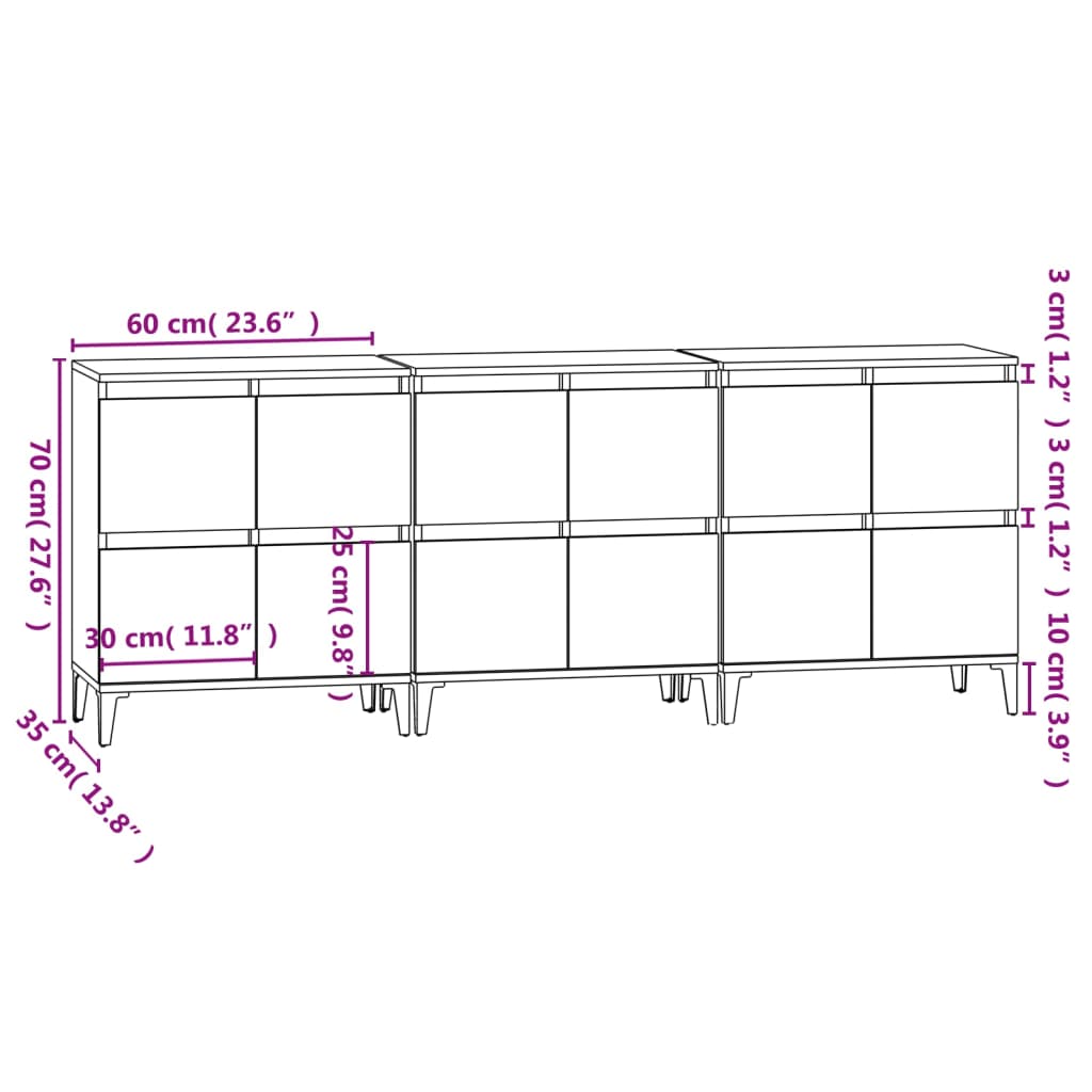 skænke 3 stk. 60x35x70 cm konstrueret træ grå sonoma-eg