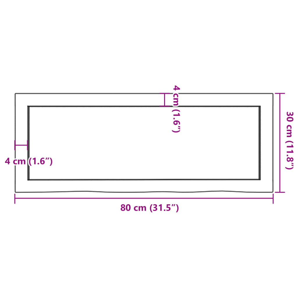 bordplade til badeværelse 80x30x(2-6) cm massivt træ ubehandlet