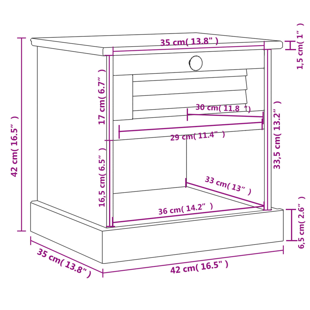 sengebord VIGO 42x35x42 cm massivt fyrretræ hvid