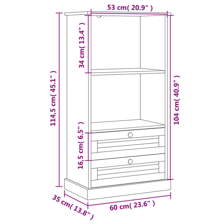 bogreol VIGO 60x35x114,5 cm massivt fyrretræ