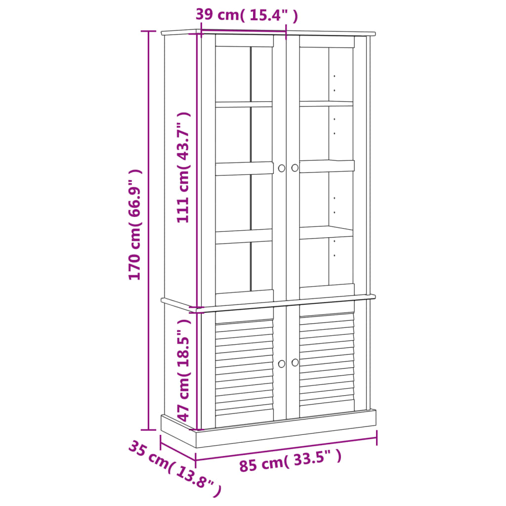glasskab VIGO 85x35x170 cm massivt fyrretræ hvid
