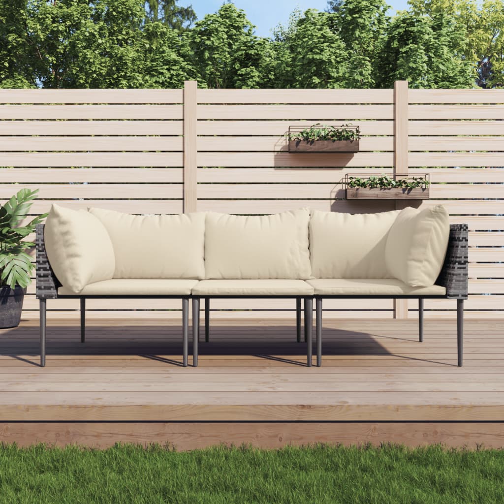 loungesæt til haven 3 dele med hynder polyrattan grå