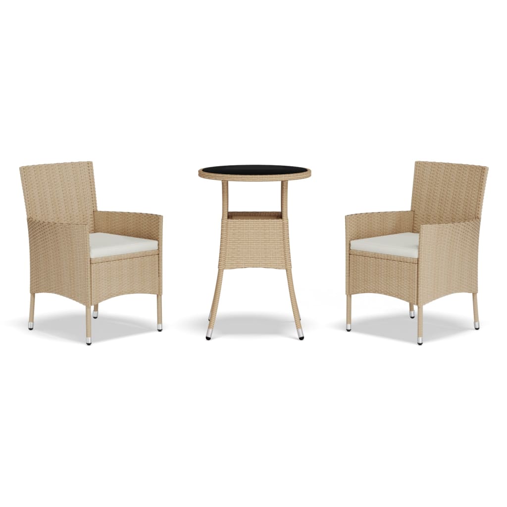 bistrosæt til haven 3 dele med hynder polyrattan beige
