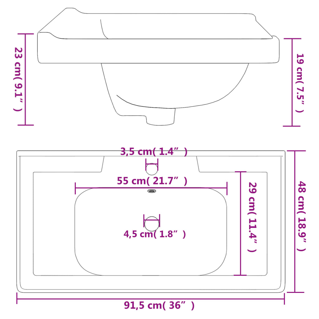 badeværelsesvask 91,5x48x23 cm rektangulær keramisk hvid
