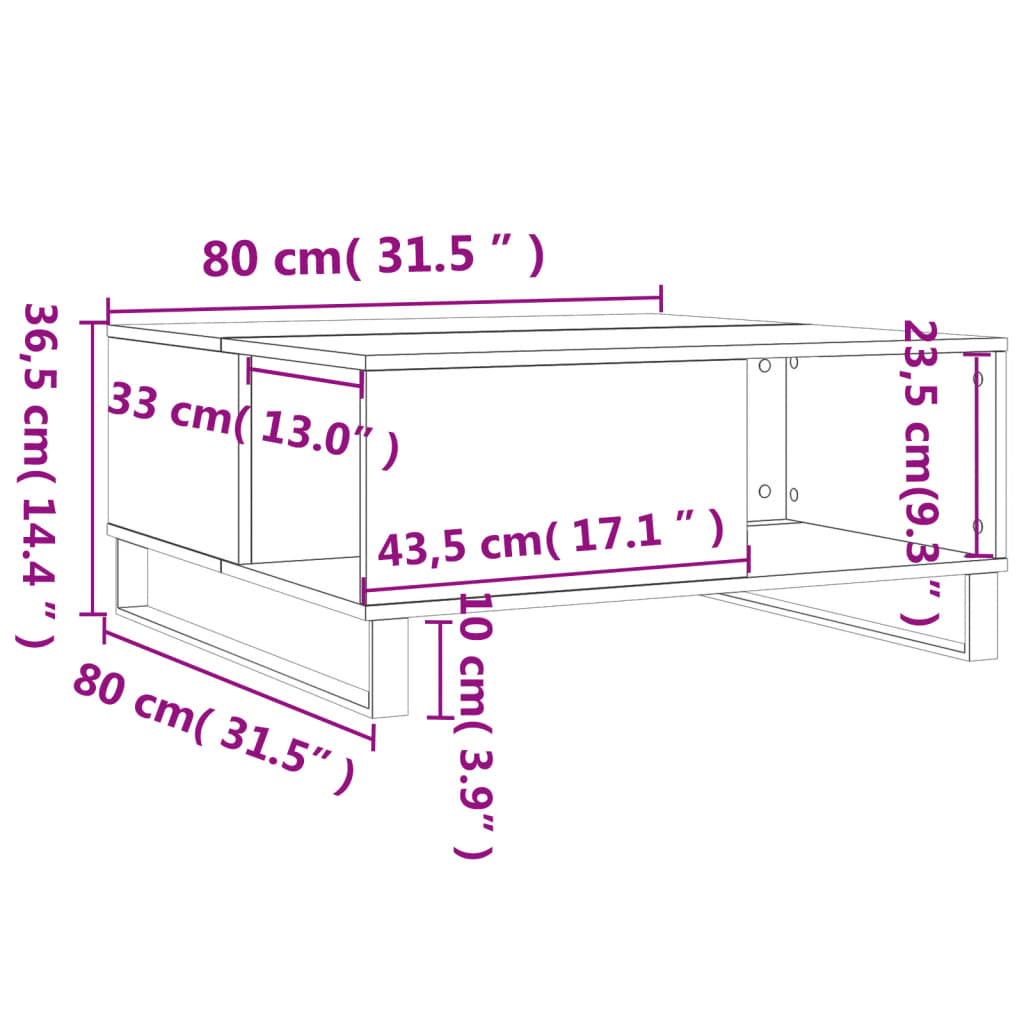 sofabord 80x80x36,5 cm konstrueret træ hvid