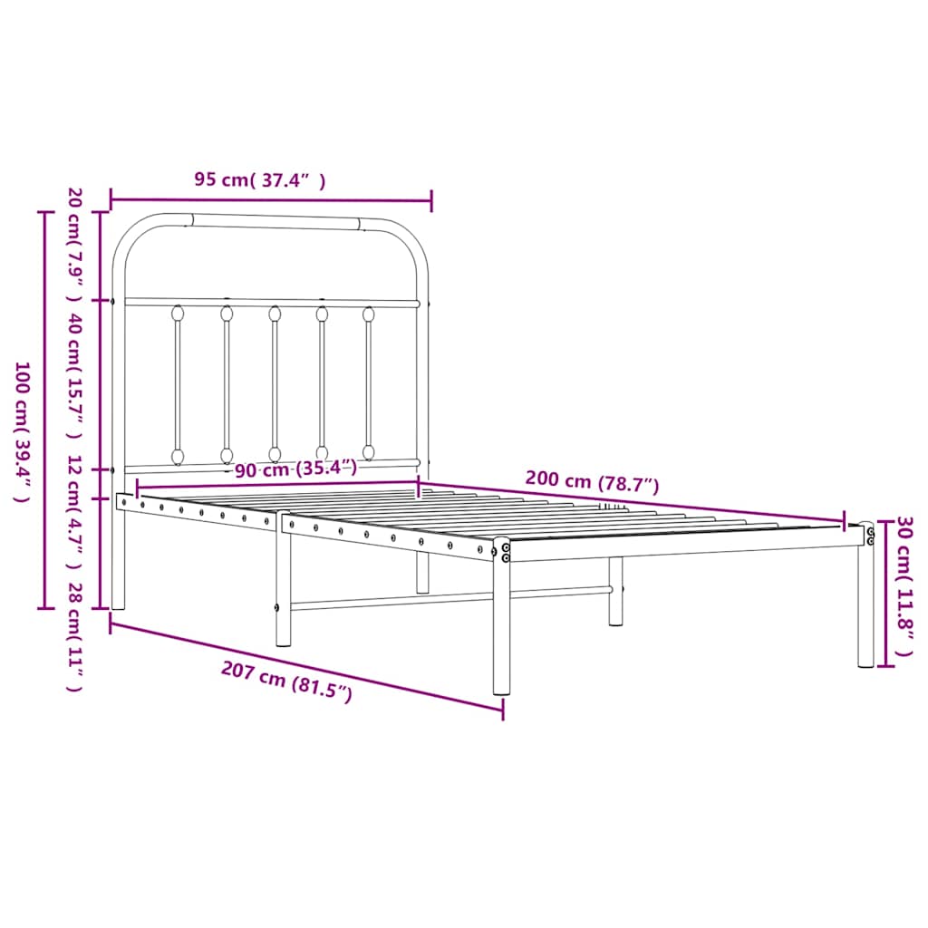 sengeramme med sengegavl og fodgærde 90x200 cm metal hvid
