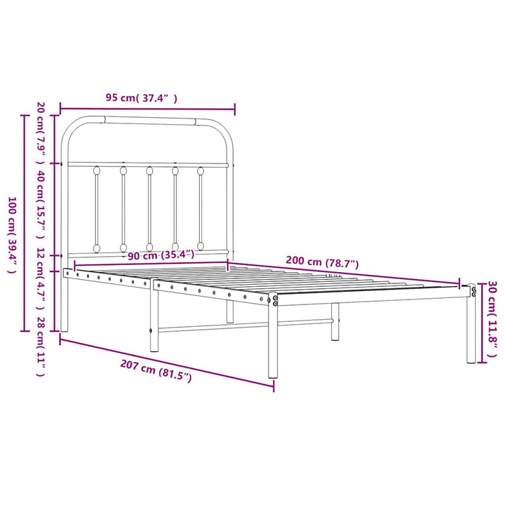 sengeramme med sengegavl og fodgærde 90x200 cm metal hvid