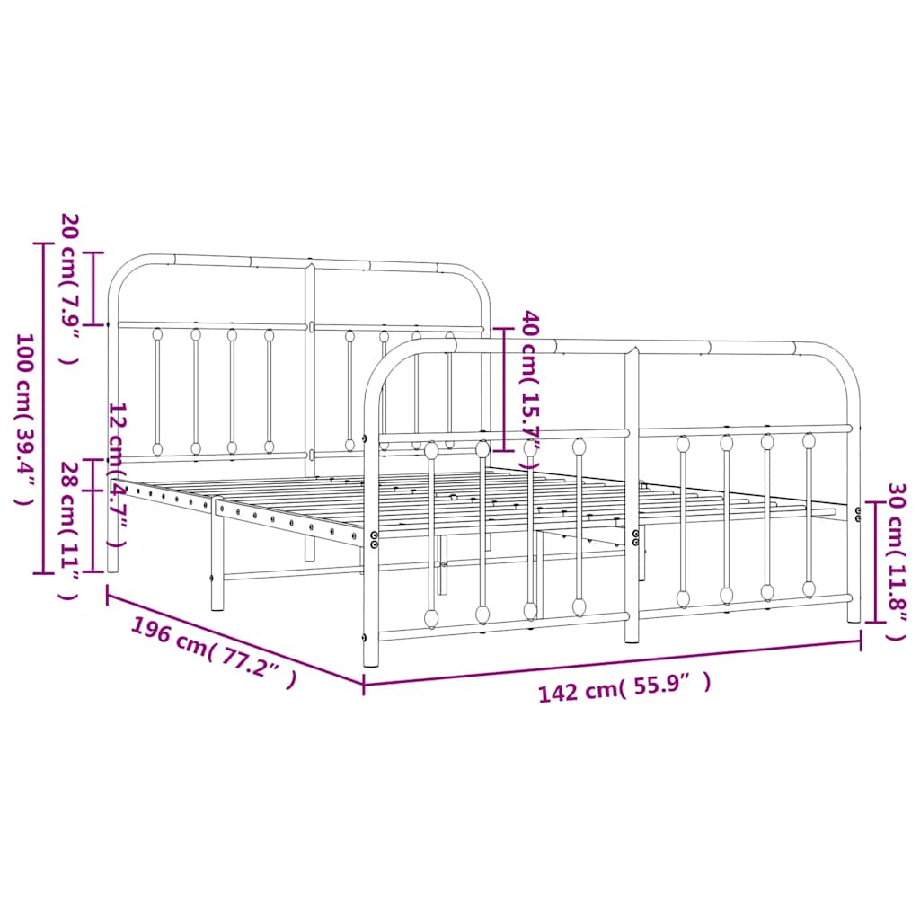 sengeramme med sengegavl og fodgærde 135x190 cm metal hvid