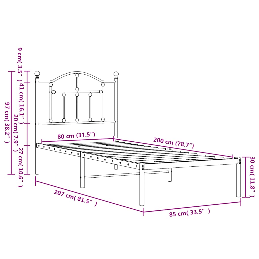 sengeramme med sengegavl 80x200 cm metal sort