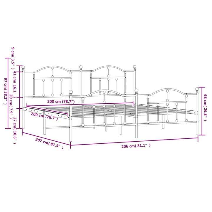 sengeramme med sengegavl og fodgærde 200x200 cm metal sort