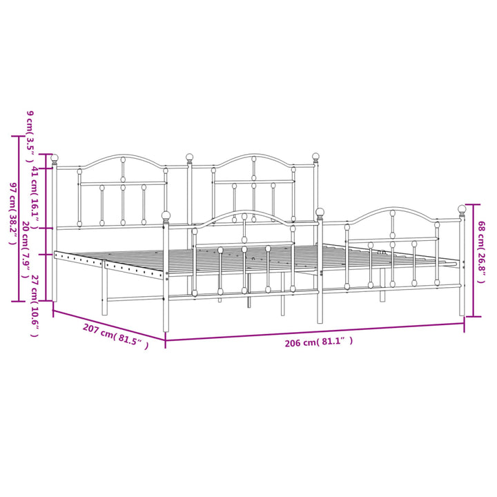 sengeramme med sengegavl og fodgærde 200x200 cm metal hvid