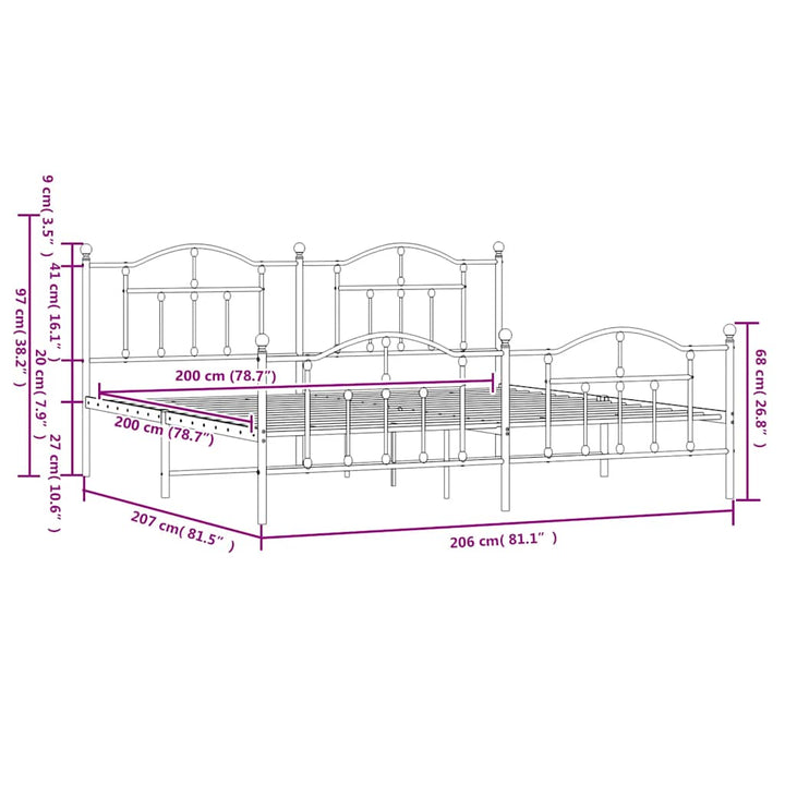 sengeramme med sengegavl og fodgærde 200x200 cm metal hvid