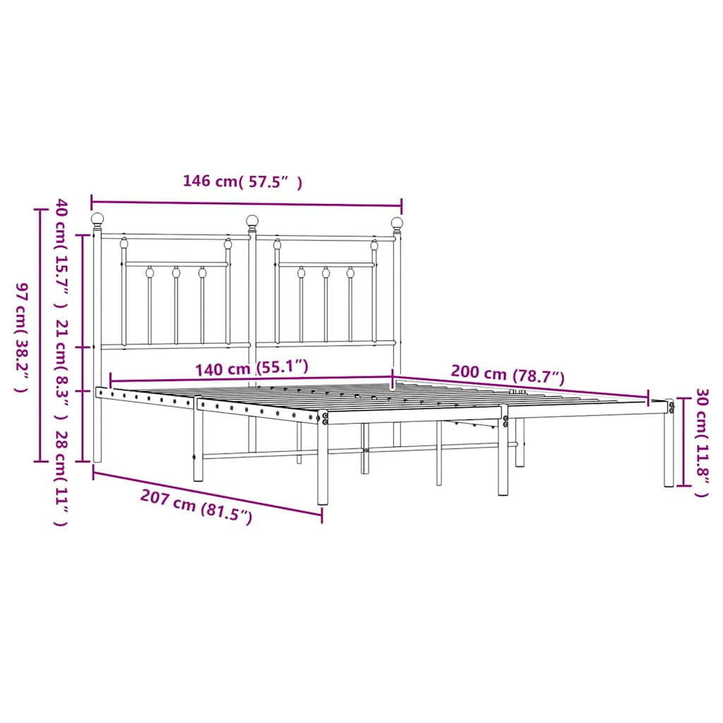 sengeramme med sengegavl 140x200 cm metal sort