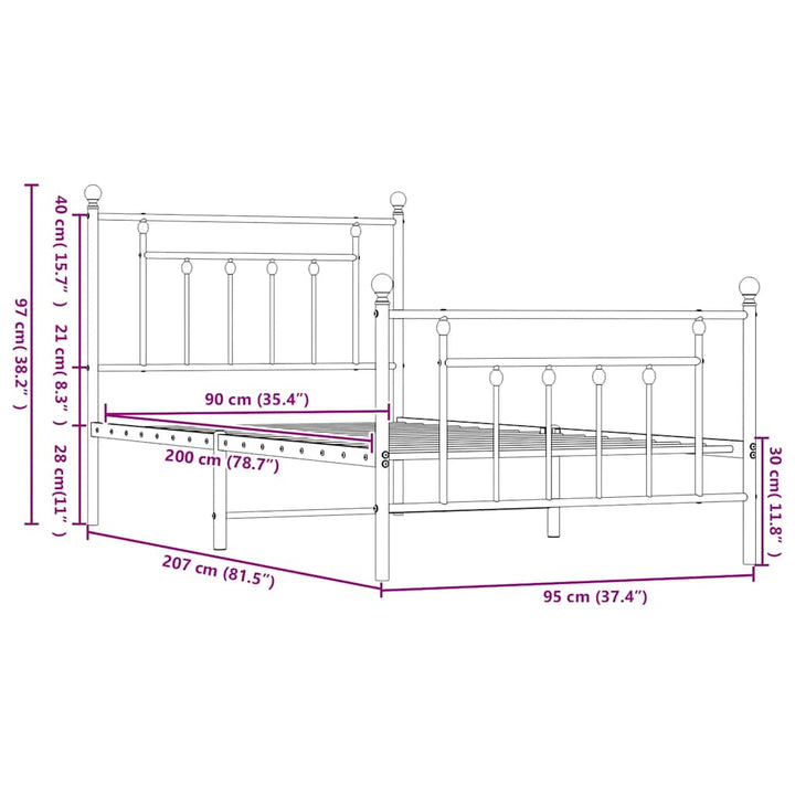sengeramme med sengegavl og fodgærde 90x200 cm metal hvid