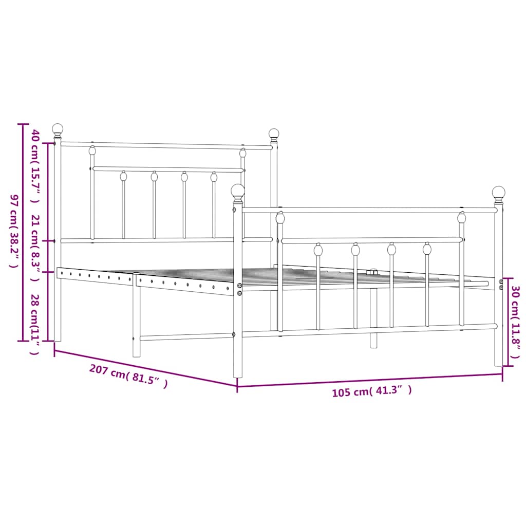sengeramme med sengegavl og fodgærde 100x200 cm metal hvid