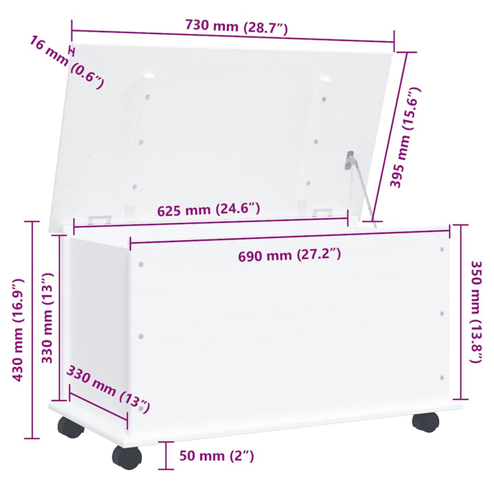 opbevaringskasse med hjul ALTA 73x39,5x43 cm massivt træ hvid