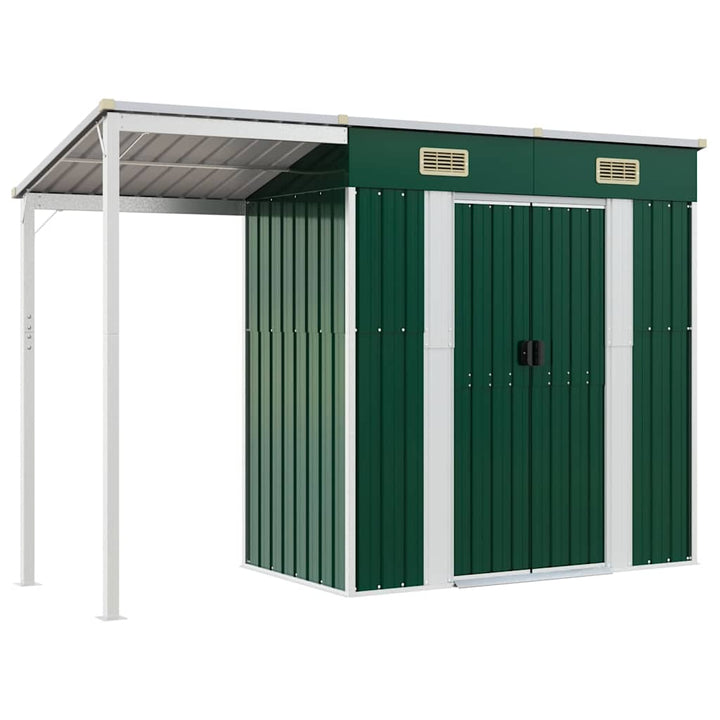haveskur med udvidet tag 277x107x181 cm stål grøn