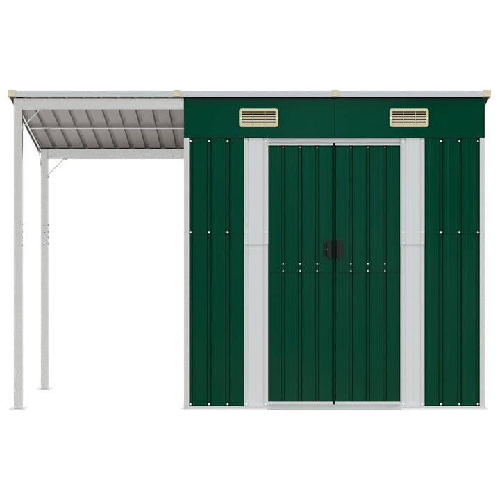 haveskur med udvidet tag 277x107x181 cm stål grøn