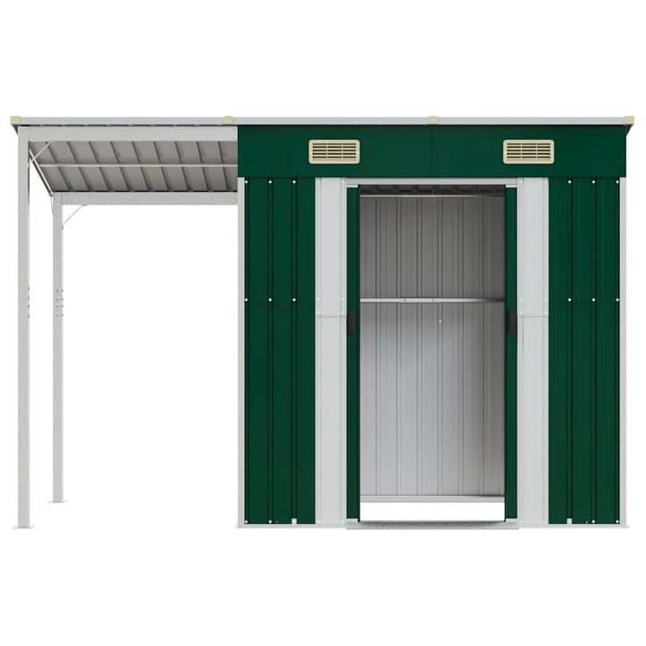 haveskur med udvidet tag 277x107x181 cm stål grøn