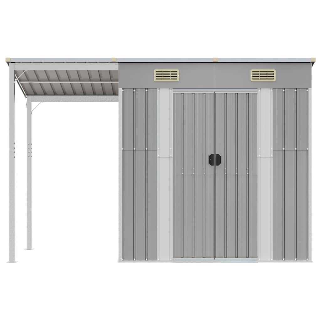 haveskur med forlænget tag lysegrå 277x107x181 cm stål