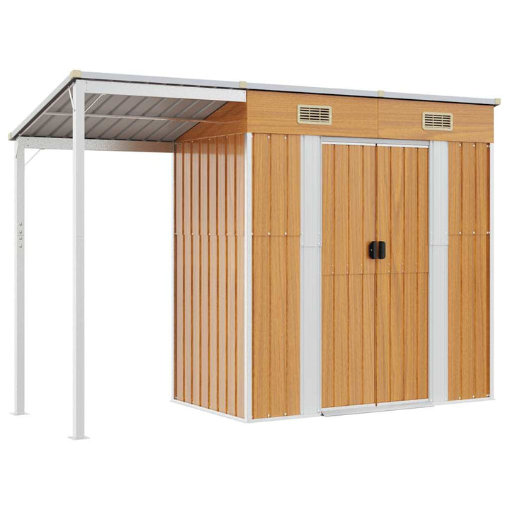 haveskur med udvidet tag 277x107x181 cm stål lysebrun