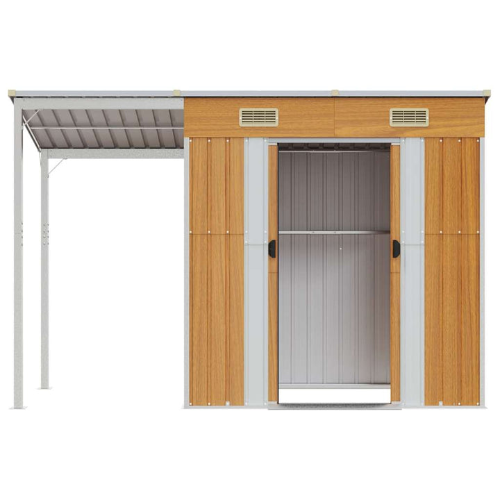 haveskur med udvidet tag 277x107x181 cm stål lysebrun