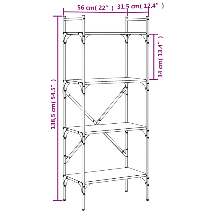 bogreol med 4 hylder 56x31,5x138,5 cm konstrueret træ røget eg