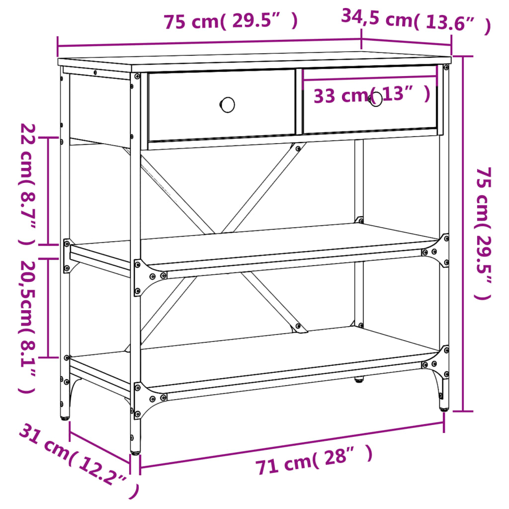 konsolbord 75x34,5x75 cm konstrueret træ sort