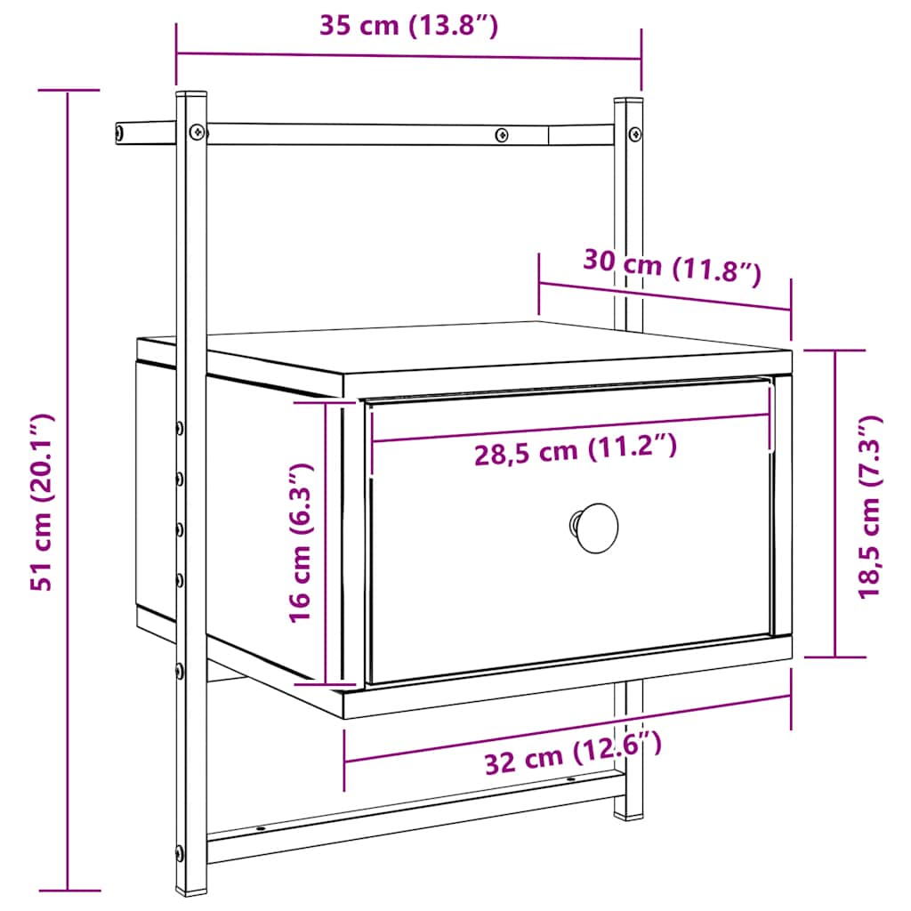 væghængt sengebord 35x30x51 cm konstrueret træ brunt egetræ