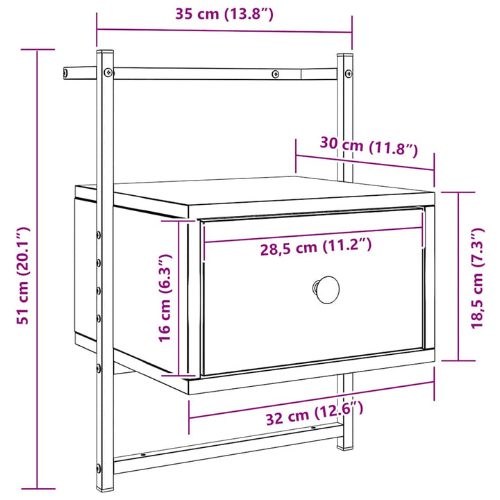 væghængt sengebord 35x30x51 cm konstrueret træ brunt egetræ