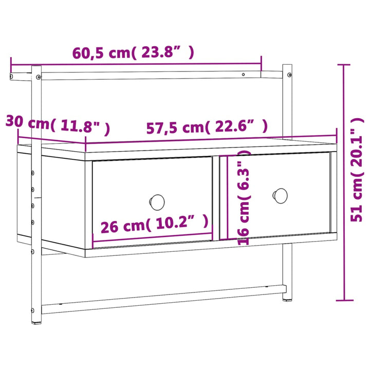 væghængt tv-bord 60,5x30x51 cm konstrueret træ grå sonoma-eg