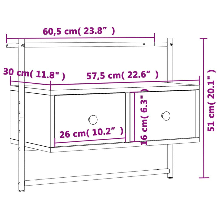 væghængt tv-bord 60,5x30x51 cm konstrueret træ brunt egetræ