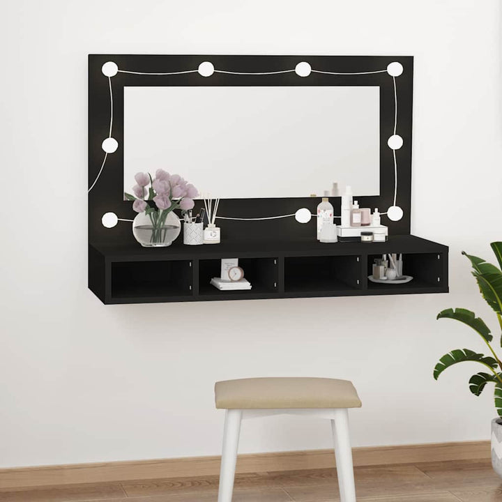 spejlskab med LED-lys 90x31,5x62 cm sort
