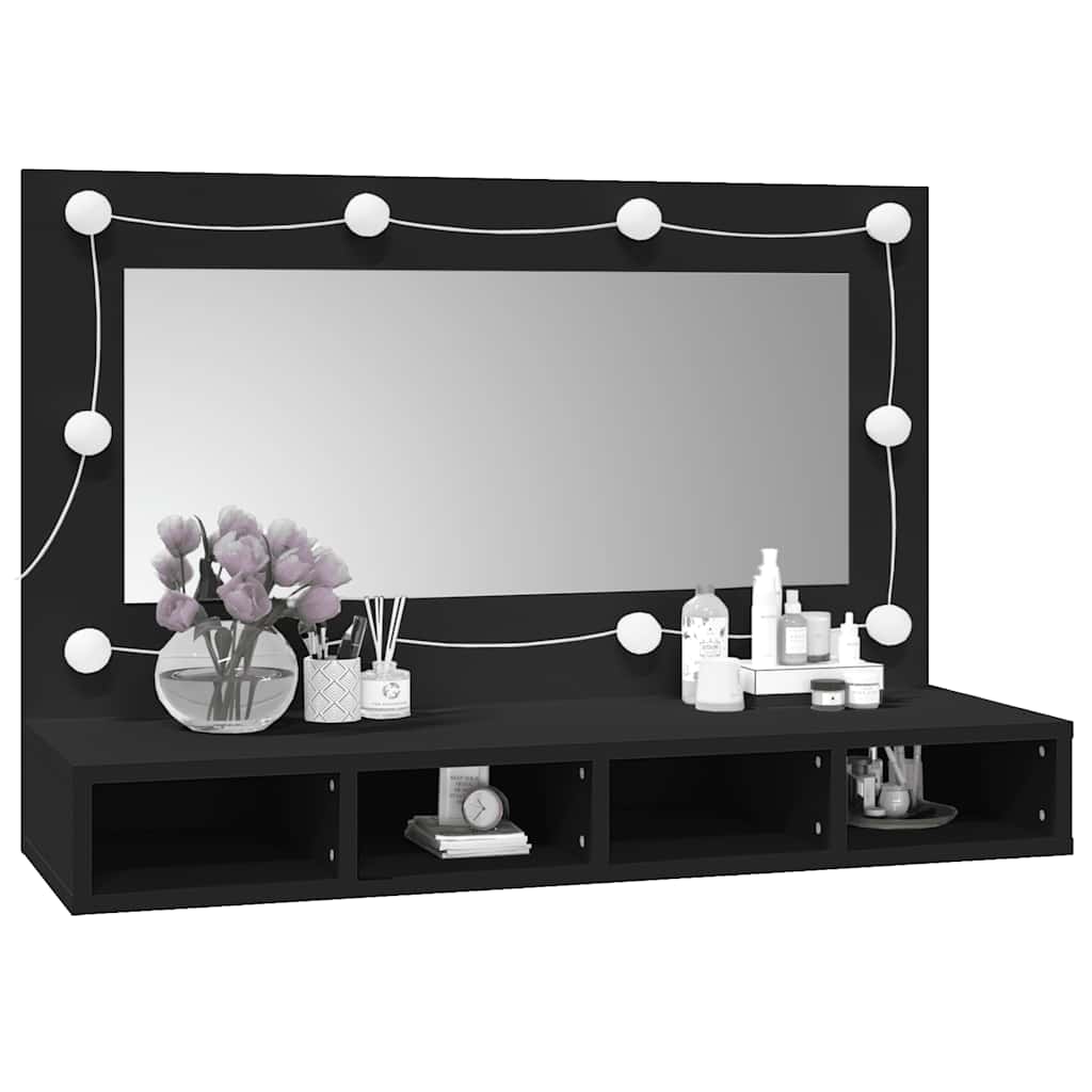 spejlskab med LED-lys 90x31,5x62 cm sort