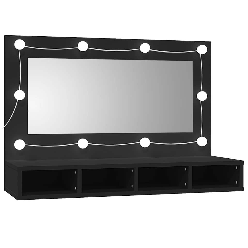 spejlskab med LED-lys 90x31,5x62 cm sort