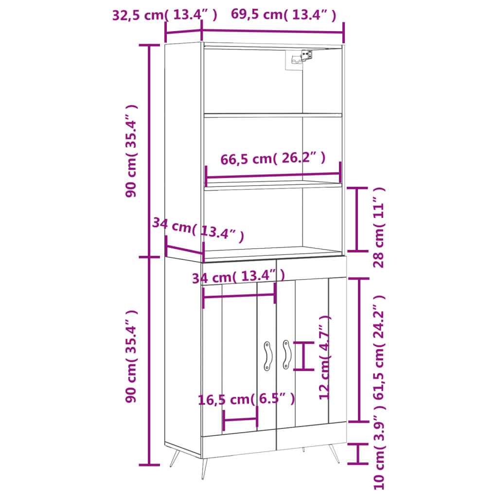 højskab 69,5x34x180 cm konstrueret træ betongrå