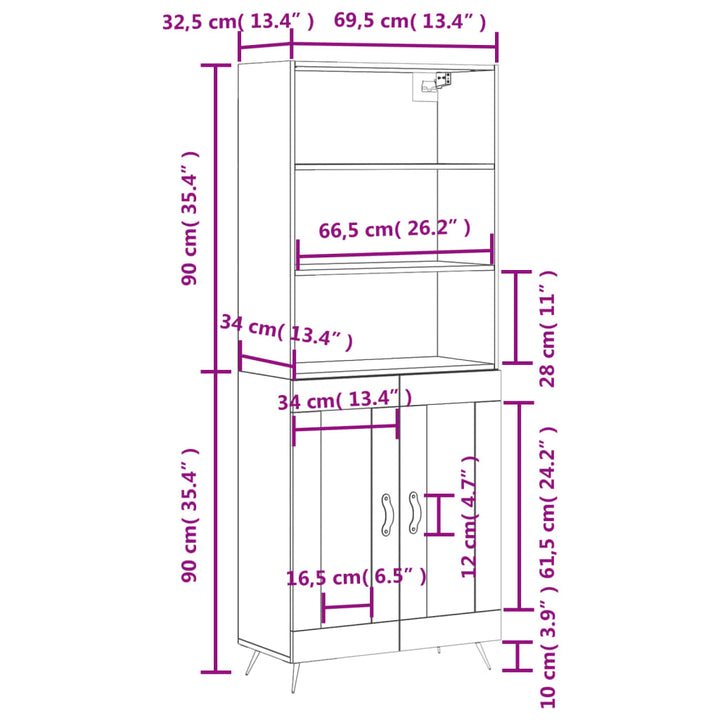 højskab 69,5x34x180 cm konstrueret træ betongrå