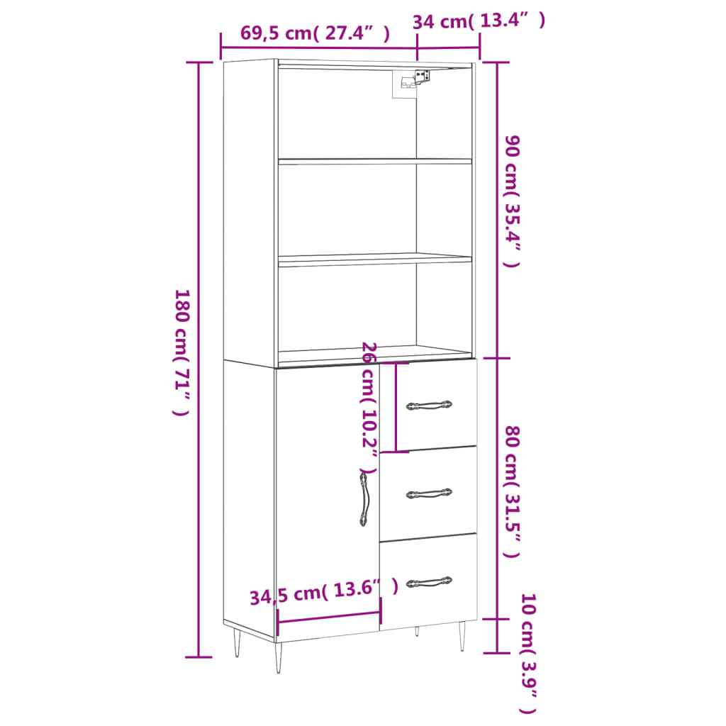 højskab 69,5x34x180 cm konstrueret træ betongrå