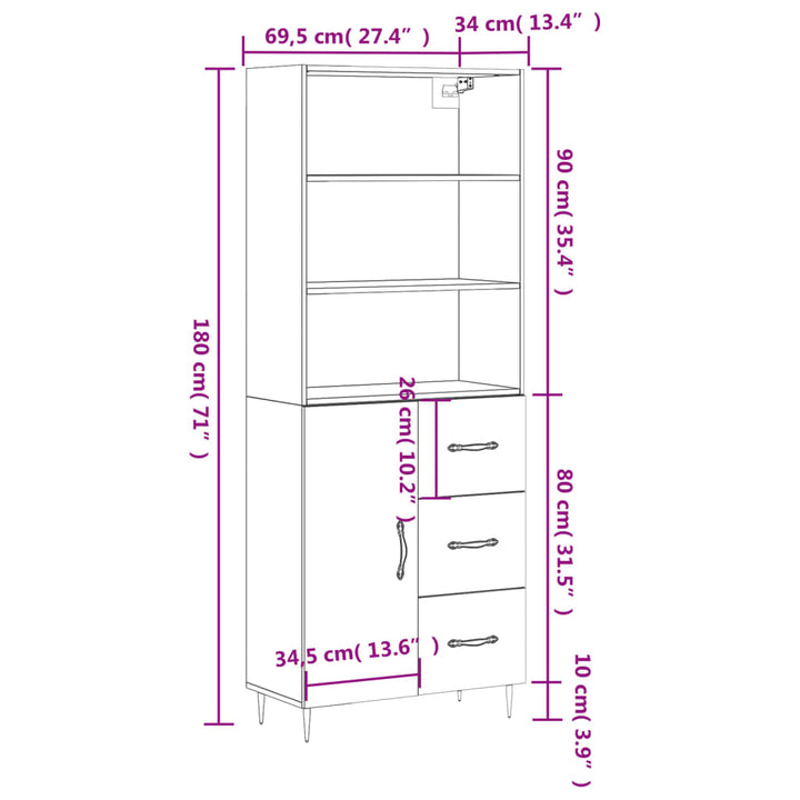 højskab 69,5x34x180 cm konstrueret træ betongrå