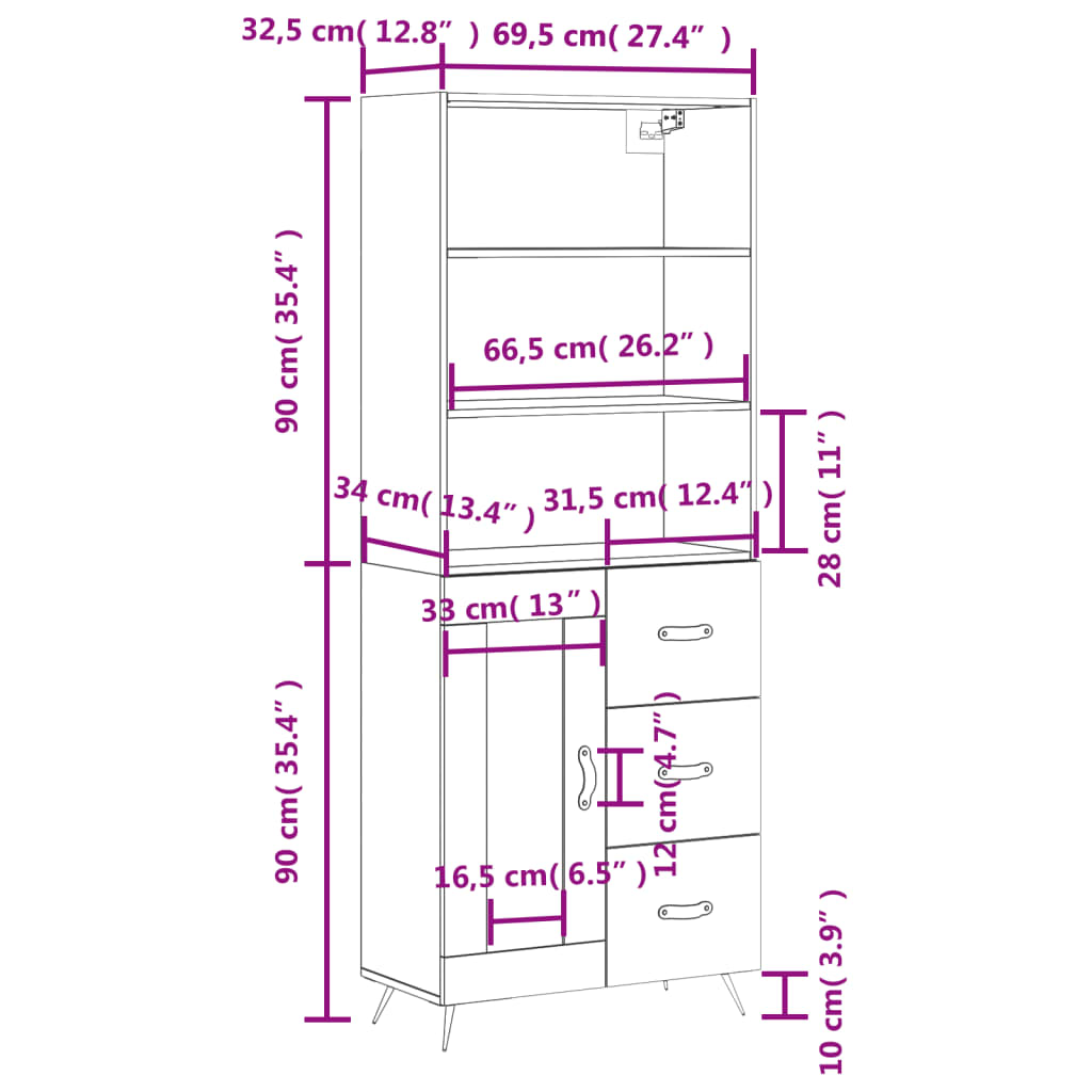 højskab 69,5x34x180 cm konstrueret træ hvid