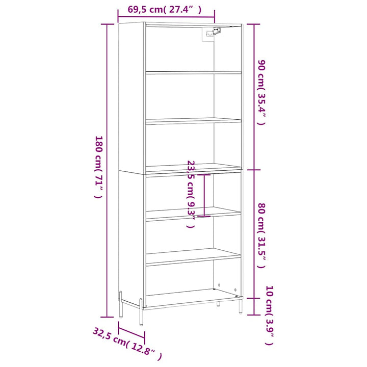 reol 69,5x32,5x180 cm konstrueret træ sort