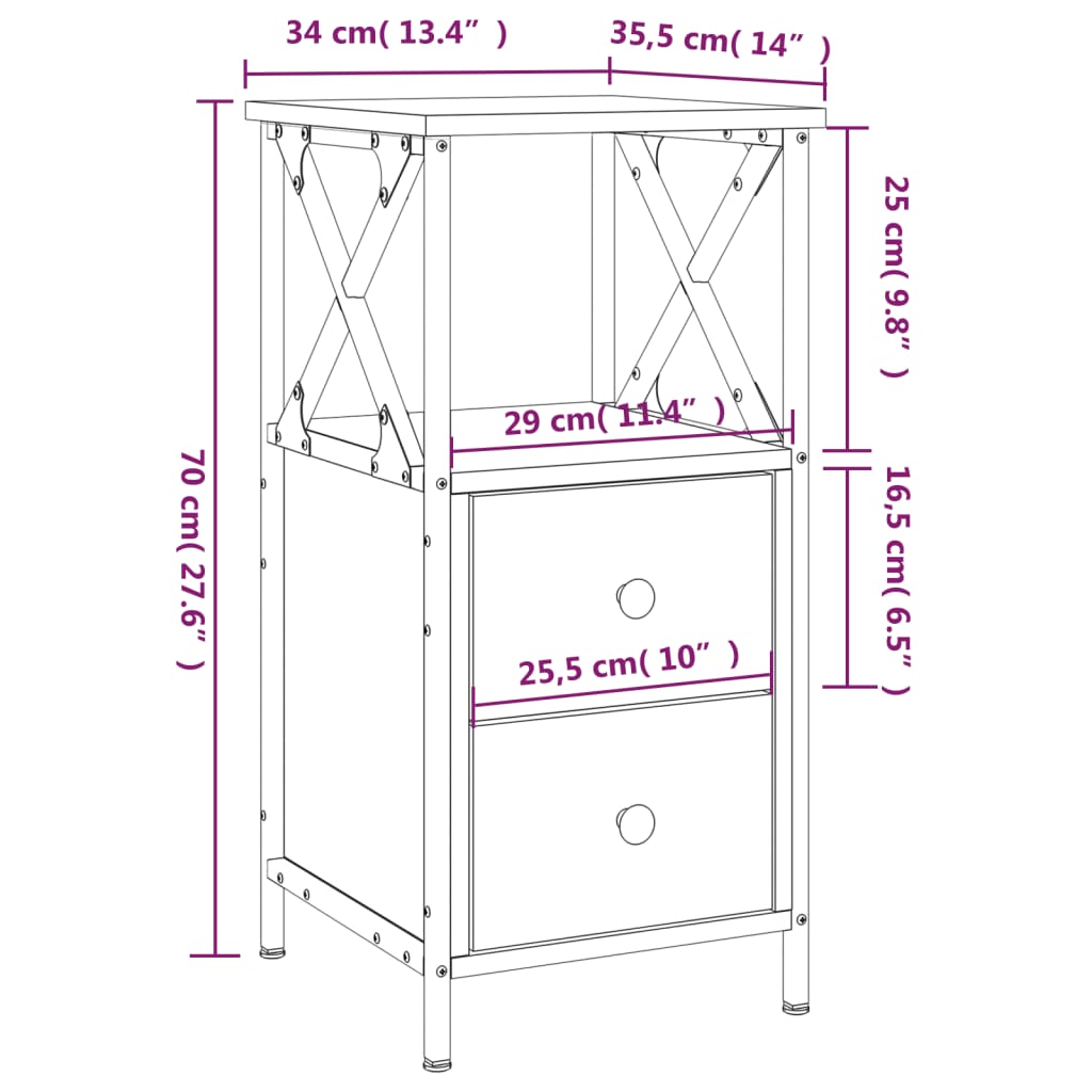 sengeborde 2 stk. 34x35,5x70 cm konstrueret træ sonoma-eg