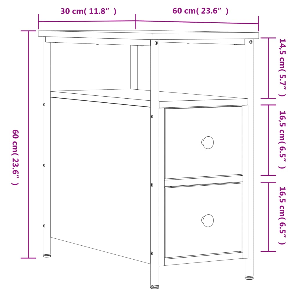 sengebord 30x60x60 cm konstrueret træ sonoma-eg