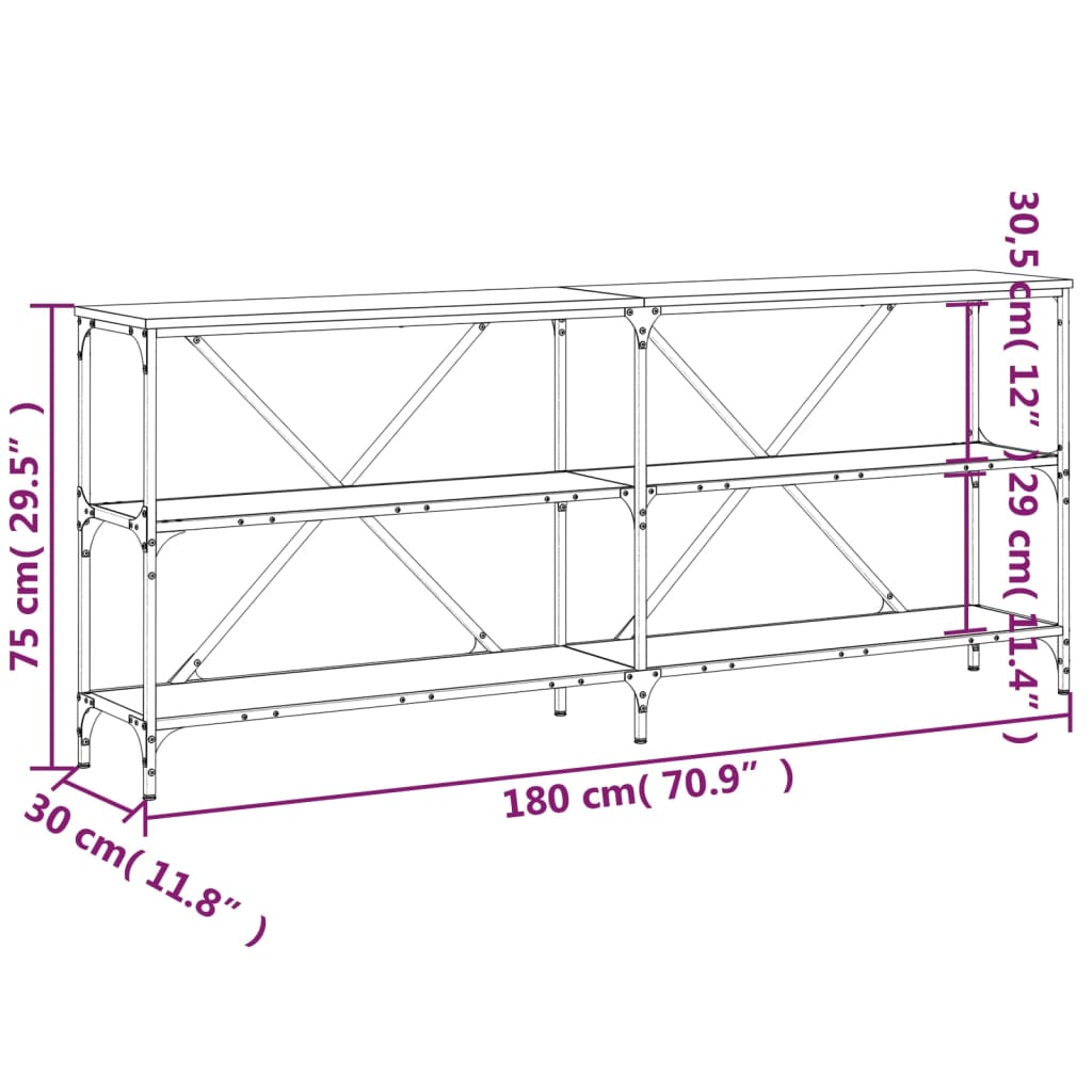 konsolbord 180x30x75 cm konstrueret træ og jern røget sonoma-eg