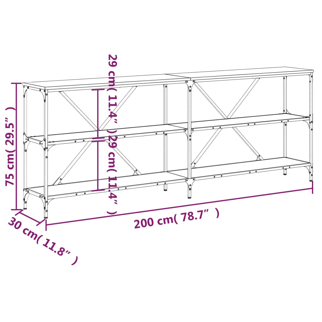 konsolbord 200x30x75 cm konstrueret træ og jern sort