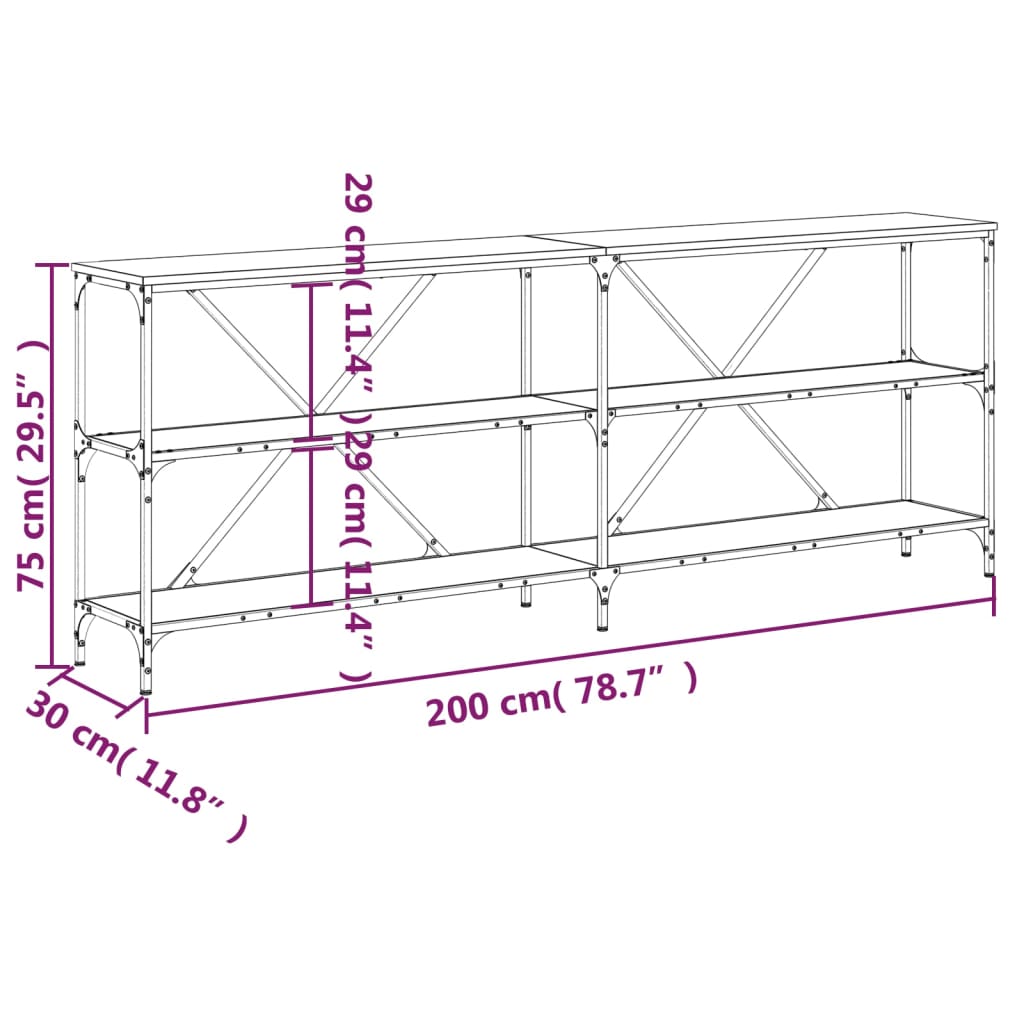 konsolbord 200x30x75 cm konstrueret træ og jern røget sonoma-eg