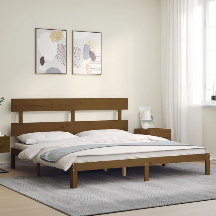 sengeramme med sengegavl 200x200 cm massivt træ gyldenbrun