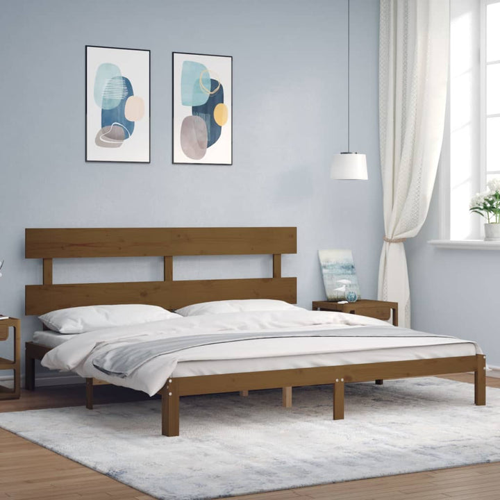sengeramme med sengegavl 200x200 cm massivt træ gyldenbrun